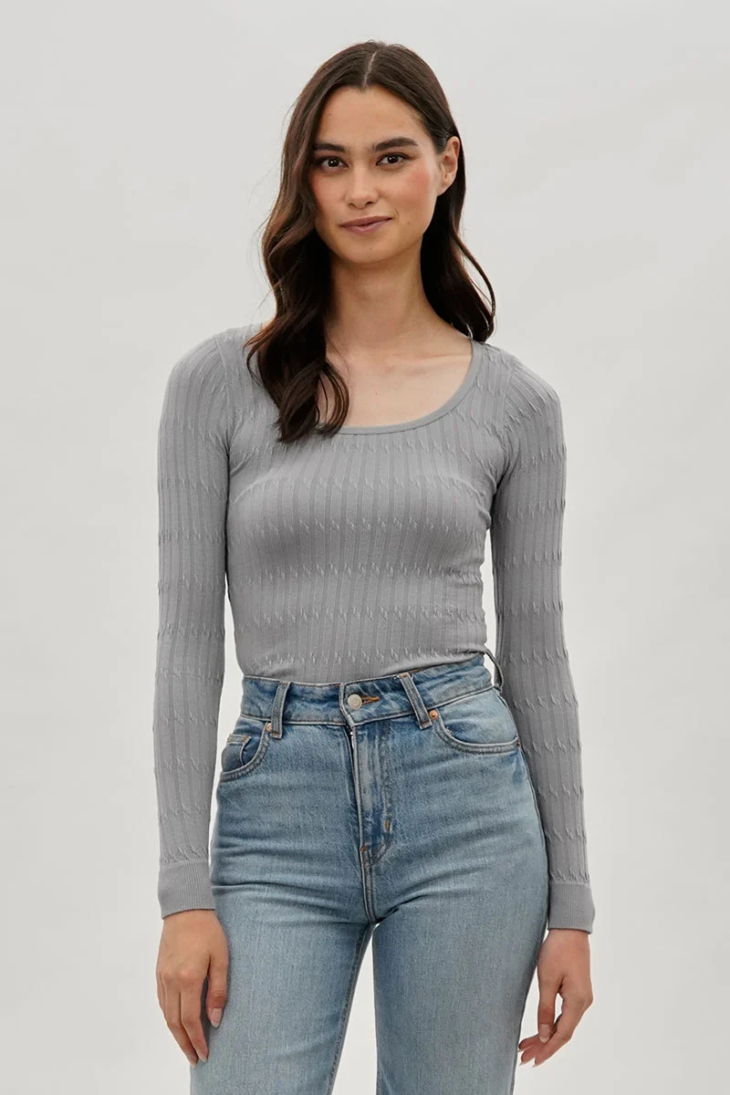 Ribbed Scoop Neck Long Sleeve Top - Grey