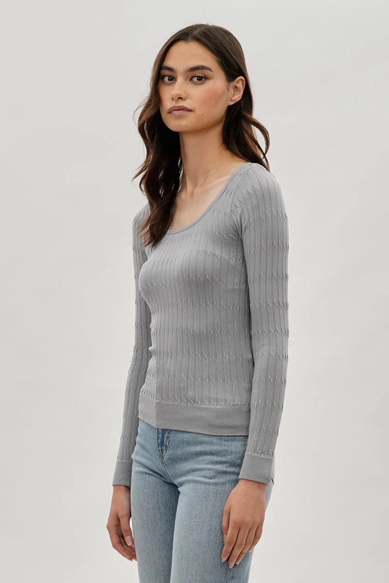 Ribbed Scoop Neck Long Sleeve Top - Grey - Image 2