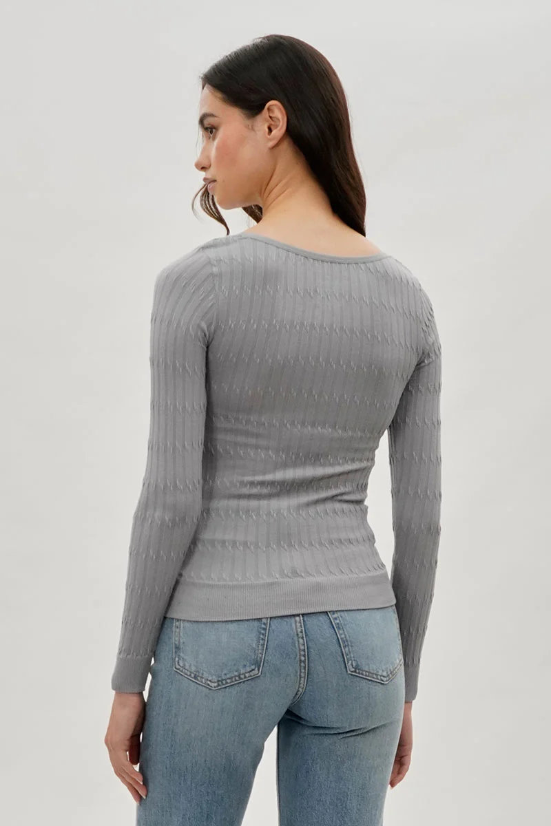Ribbed Scoop Neck Long Sleeve Top - Grey - Image 3