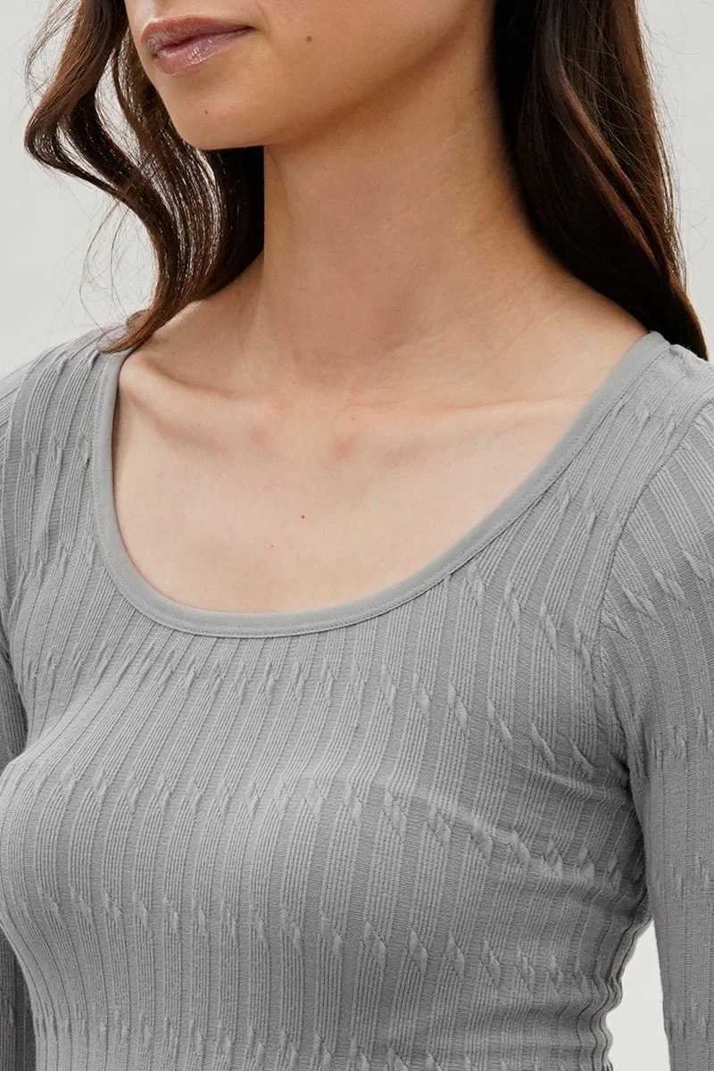 Ribbed Scoop Neck Long Sleeve Top - Grey - Image 4