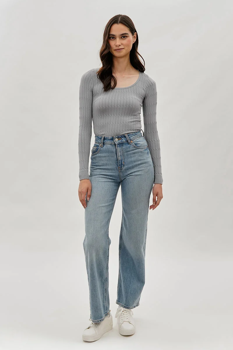 Ribbed Scoop Neck Long Sleeve Top - Grey - Image 5
