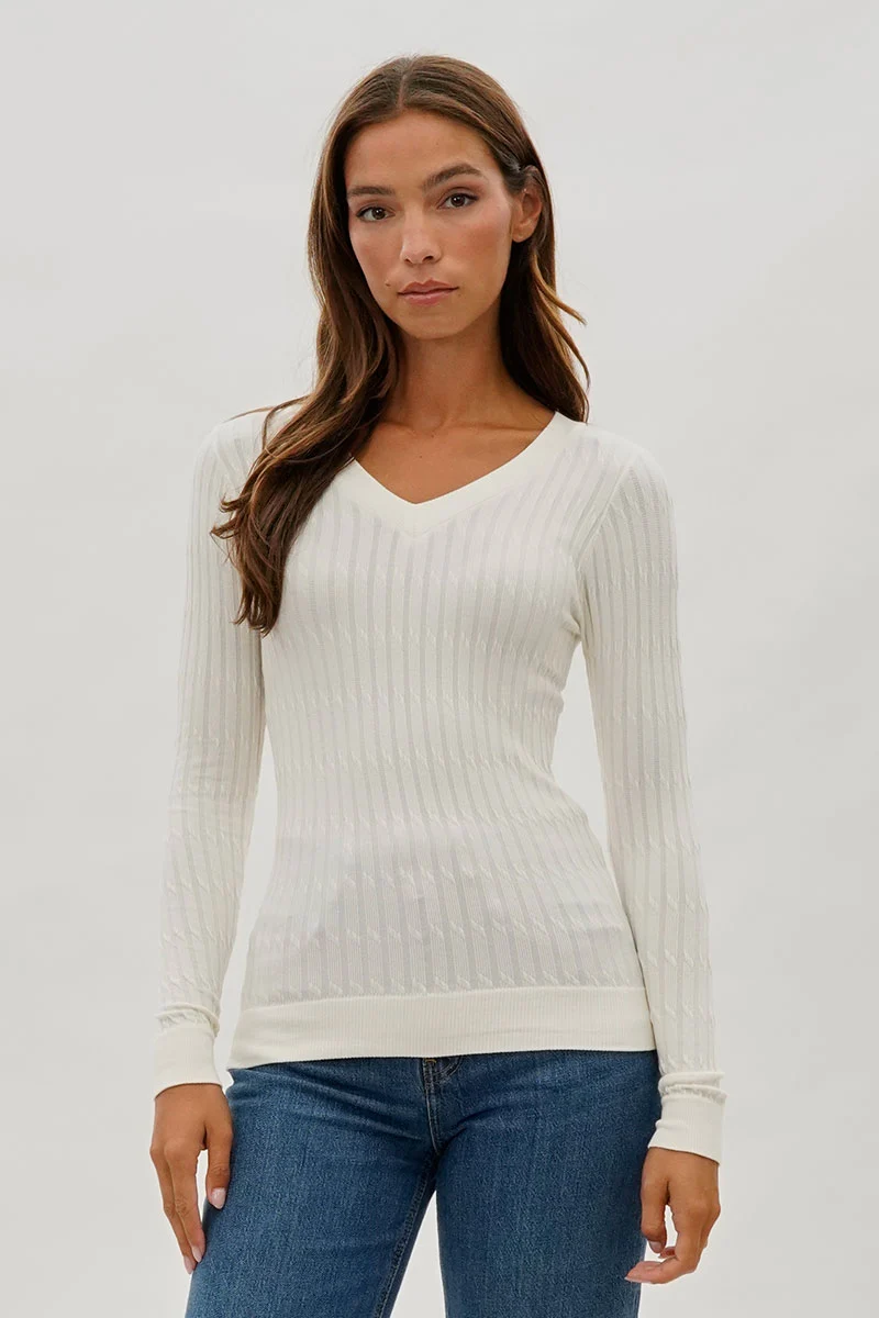 Ribbed Scoop Neck Long Sleeve Top - White