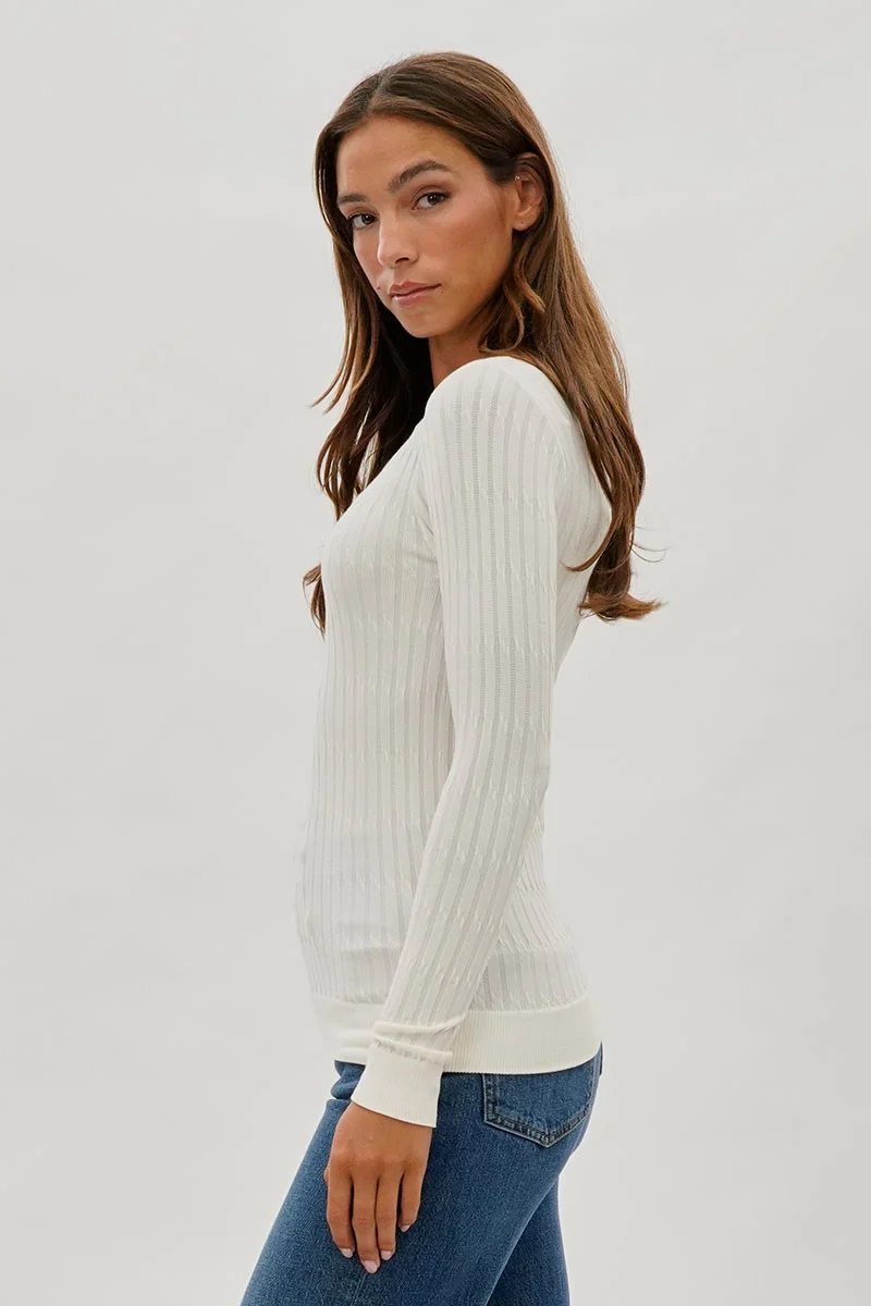 Ribbed Scoop Neck Long Sleeve Top - White - Image 2