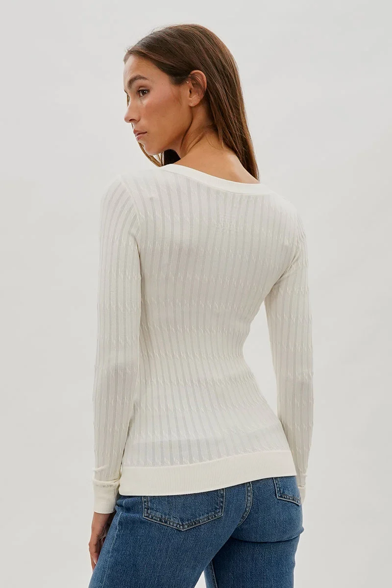Ribbed Scoop Neck Long Sleeve Top - White - Image 3