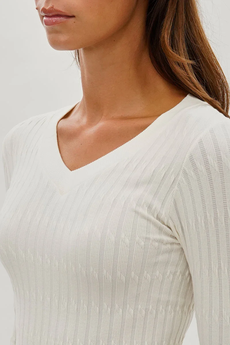 Ribbed Scoop Neck Long Sleeve Top - White - Image 4