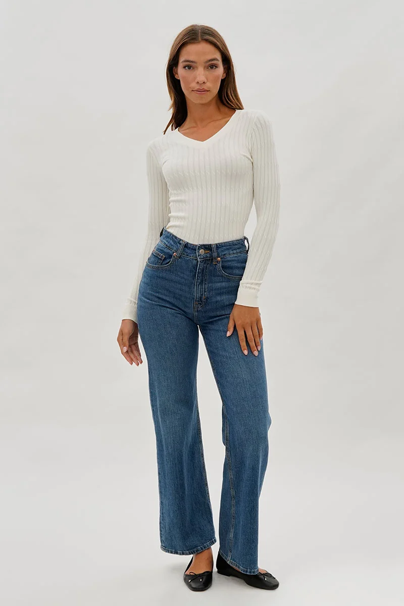 Ribbed Scoop Neck Long Sleeve Top - White - Image 5