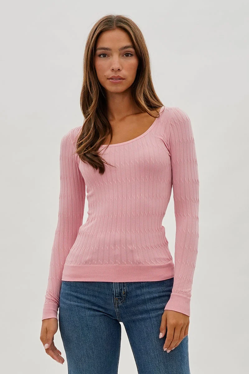 Ribbed Scoop Neck Long Sleeve Top - Pink