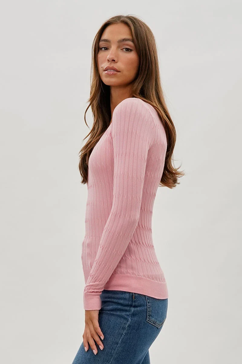 Ribbed Scoop Neck Long Sleeve Top - Pink - Image 2