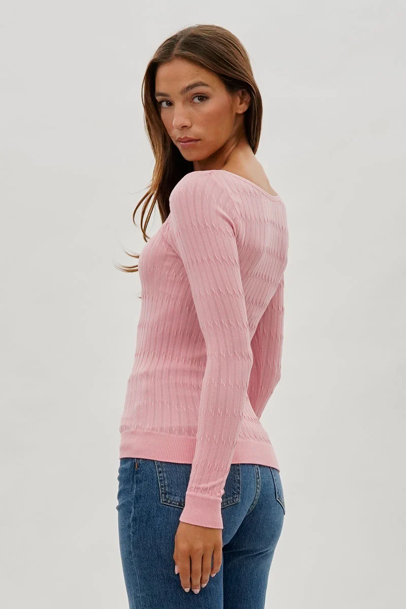 Ribbed Scoop Neck Long Sleeve Top - Pink - Image 3