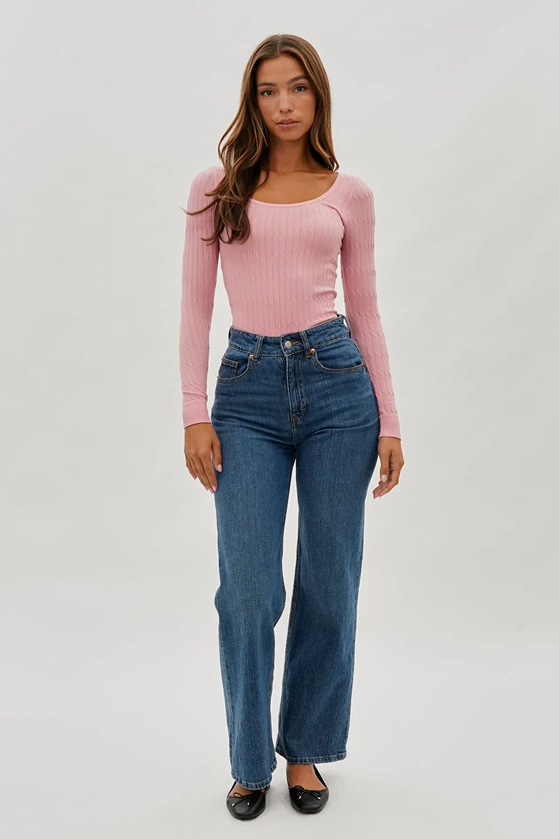 Ribbed Scoop Neck Long Sleeve Top - Pink - Image 5