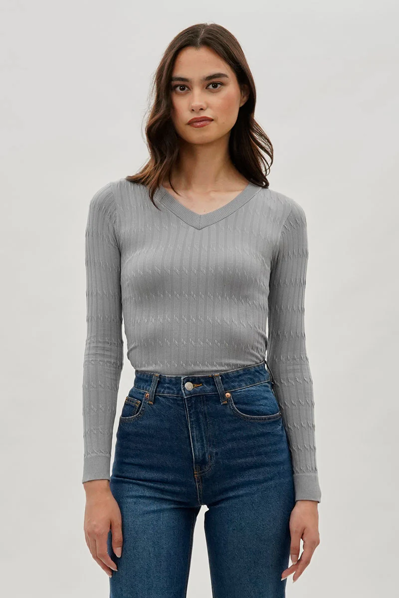 Ribbed V-Neck Long Sleeve Top - Grey