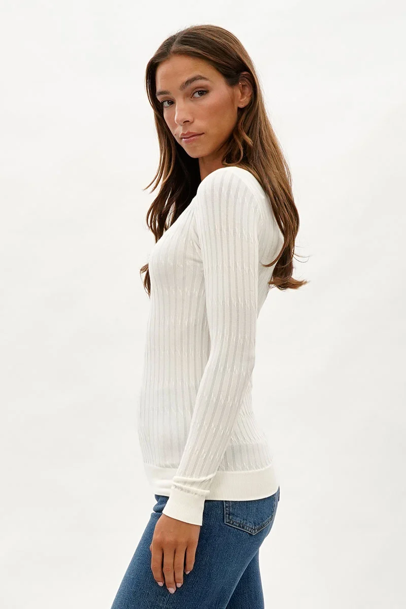 Ribbed V-Neck Long Sleeve Top - White - Image 2