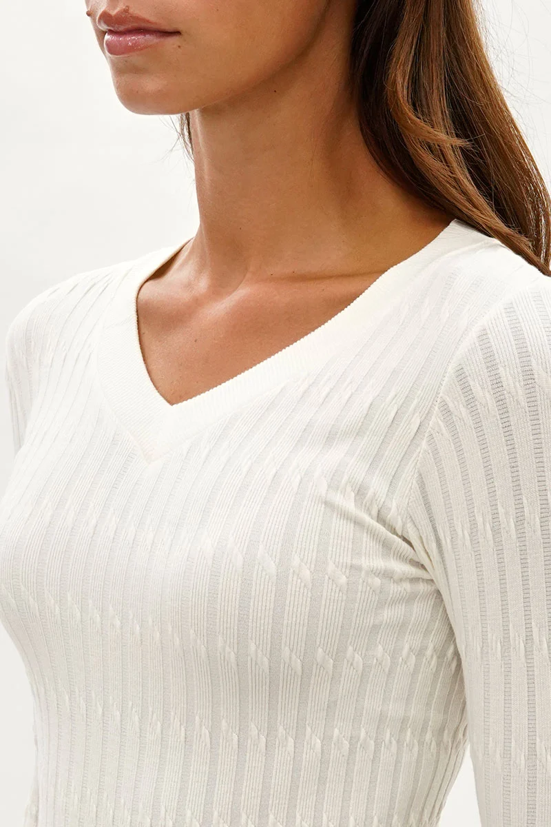 Ribbed V-Neck Long Sleeve Top - White - Image 4