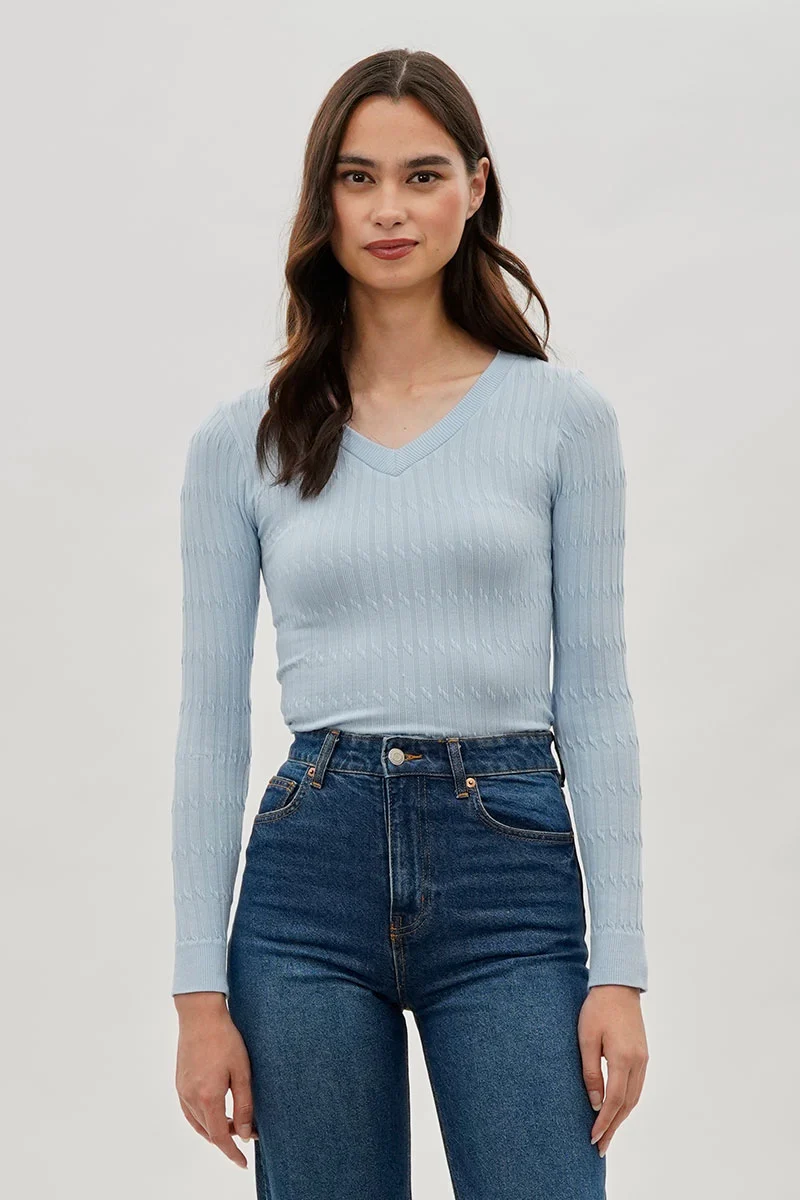 Ribbed V-Neck Long Sleeve Top - Blue