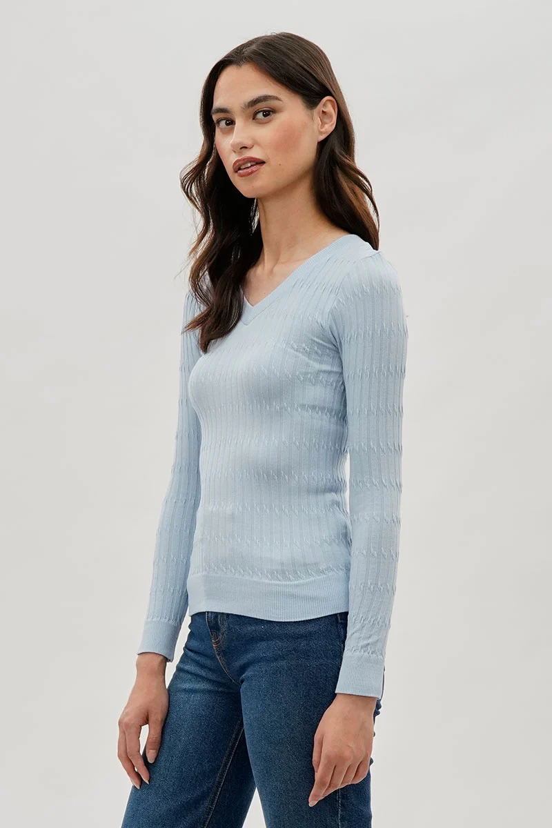 Ribbed V-Neck Long Sleeve Top - Blue - Image 2