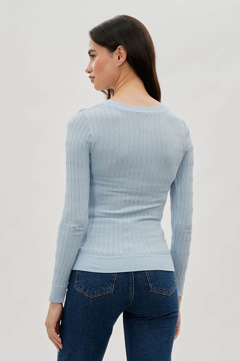 Ribbed V-Neck Long Sleeve Top - Blue - Image 3