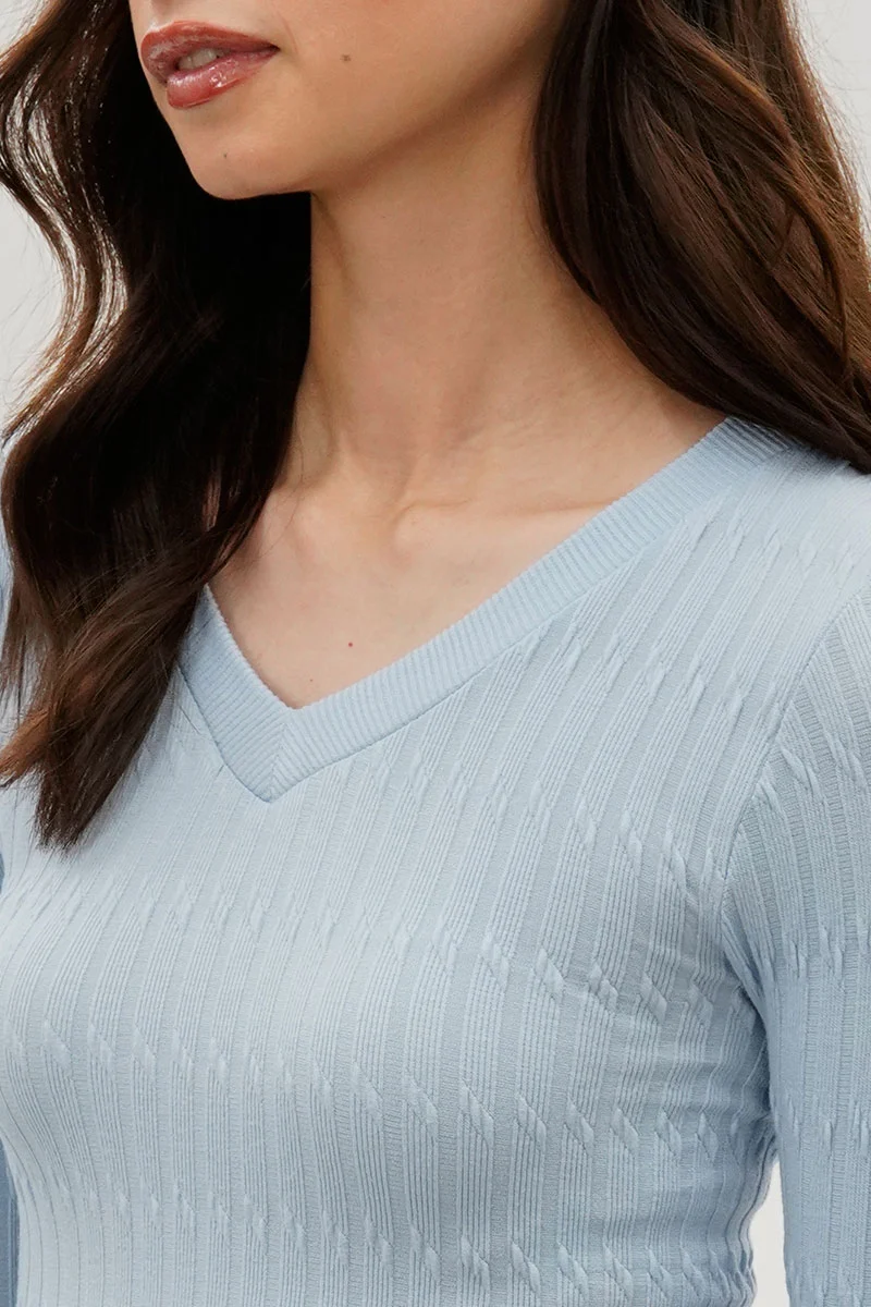 Ribbed V-Neck Long Sleeve Top - Blue - Image 4