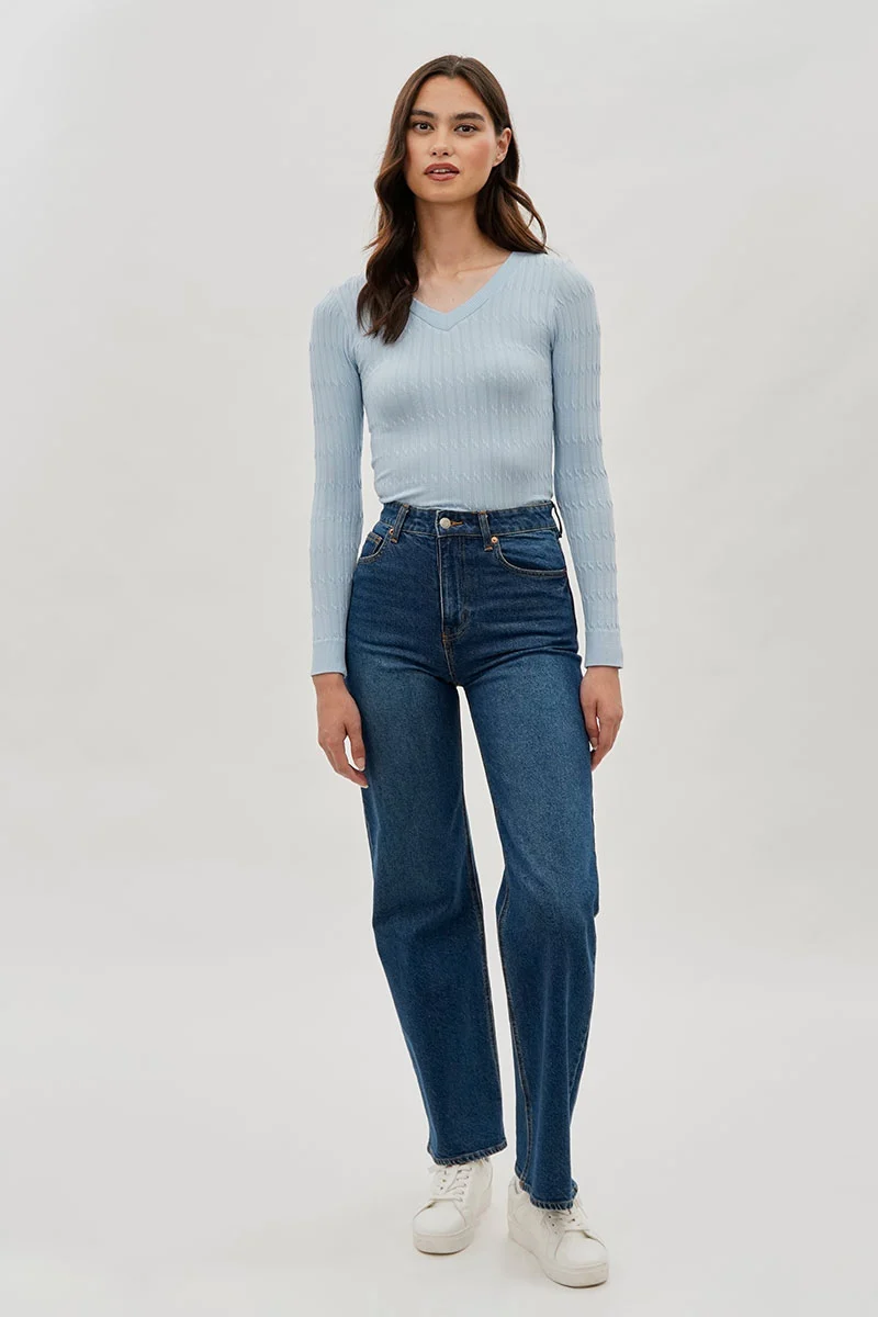 Ribbed V-Neck Long Sleeve Top - Blue - Image 5