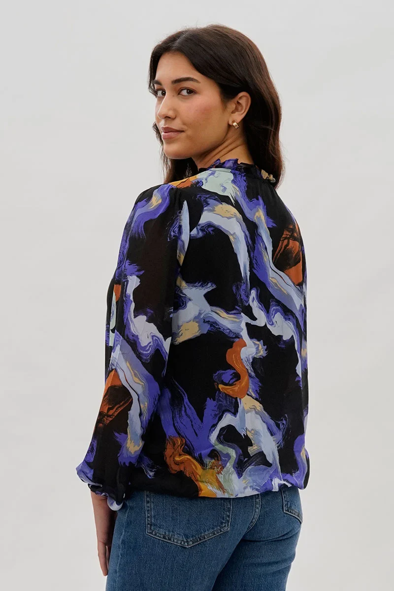 Marble Print Ruffle Neck Blouse - Black - Image 3