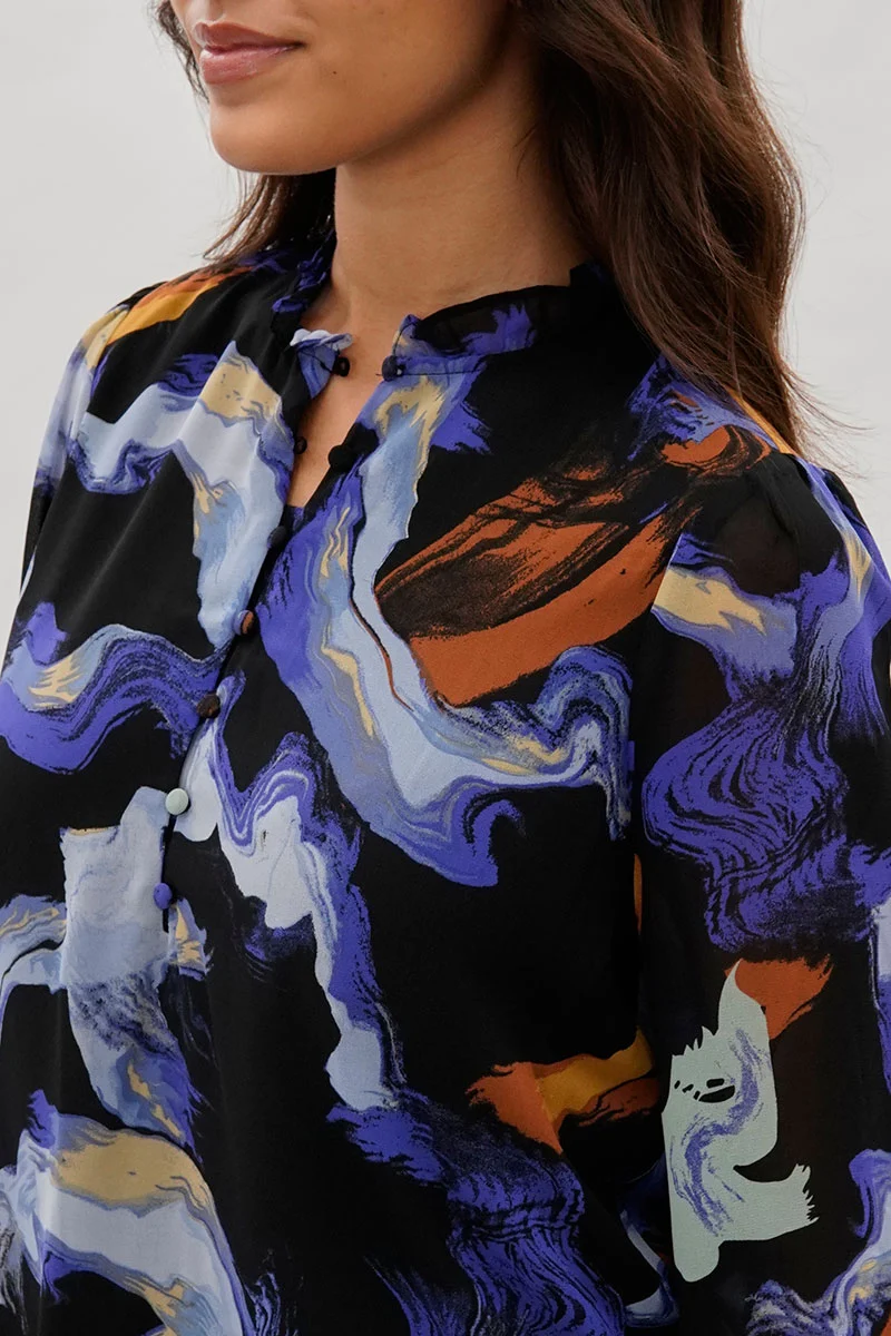 Marble Print Ruffle Neck Blouse - Black - Image 4