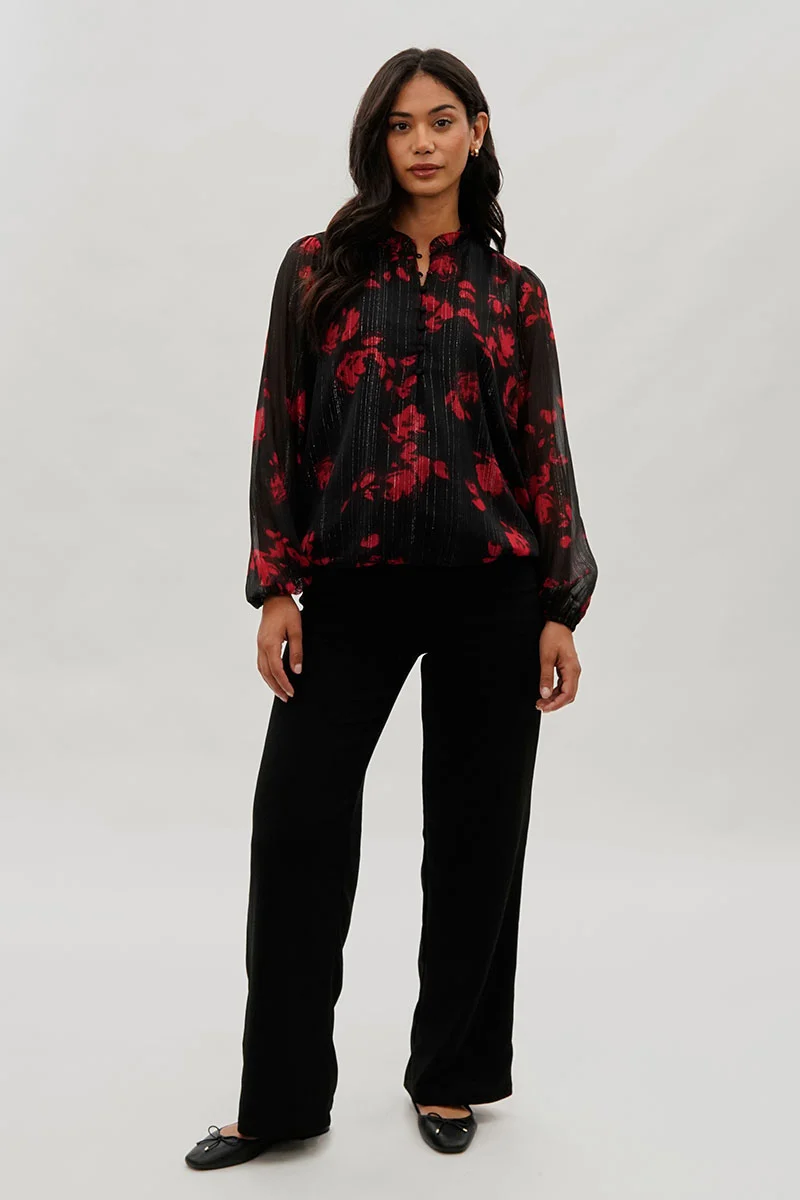 Floral Sheer Sleeve Blouse - Black - Image 5