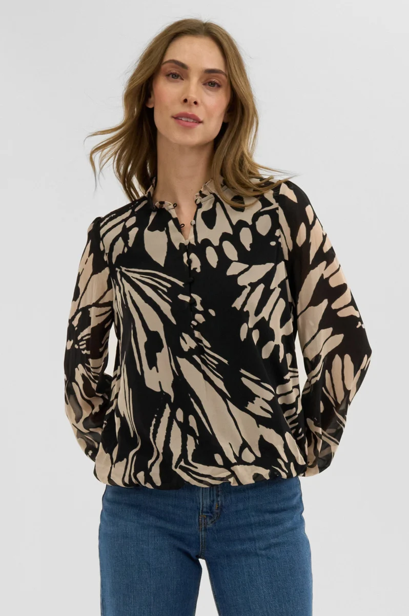 Patterned Sheer Sleeve Blouse - Black