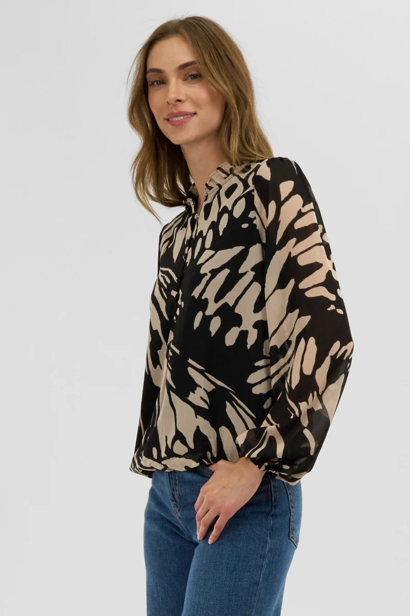 Patterned Sheer Sleeve Blouse - Black - Image 2