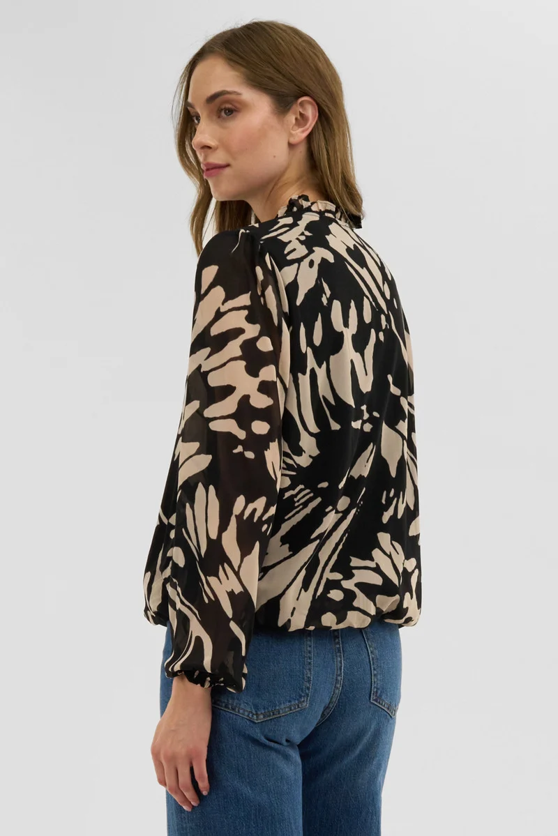 Patterned Sheer Sleeve Blouse - Black - Image 3