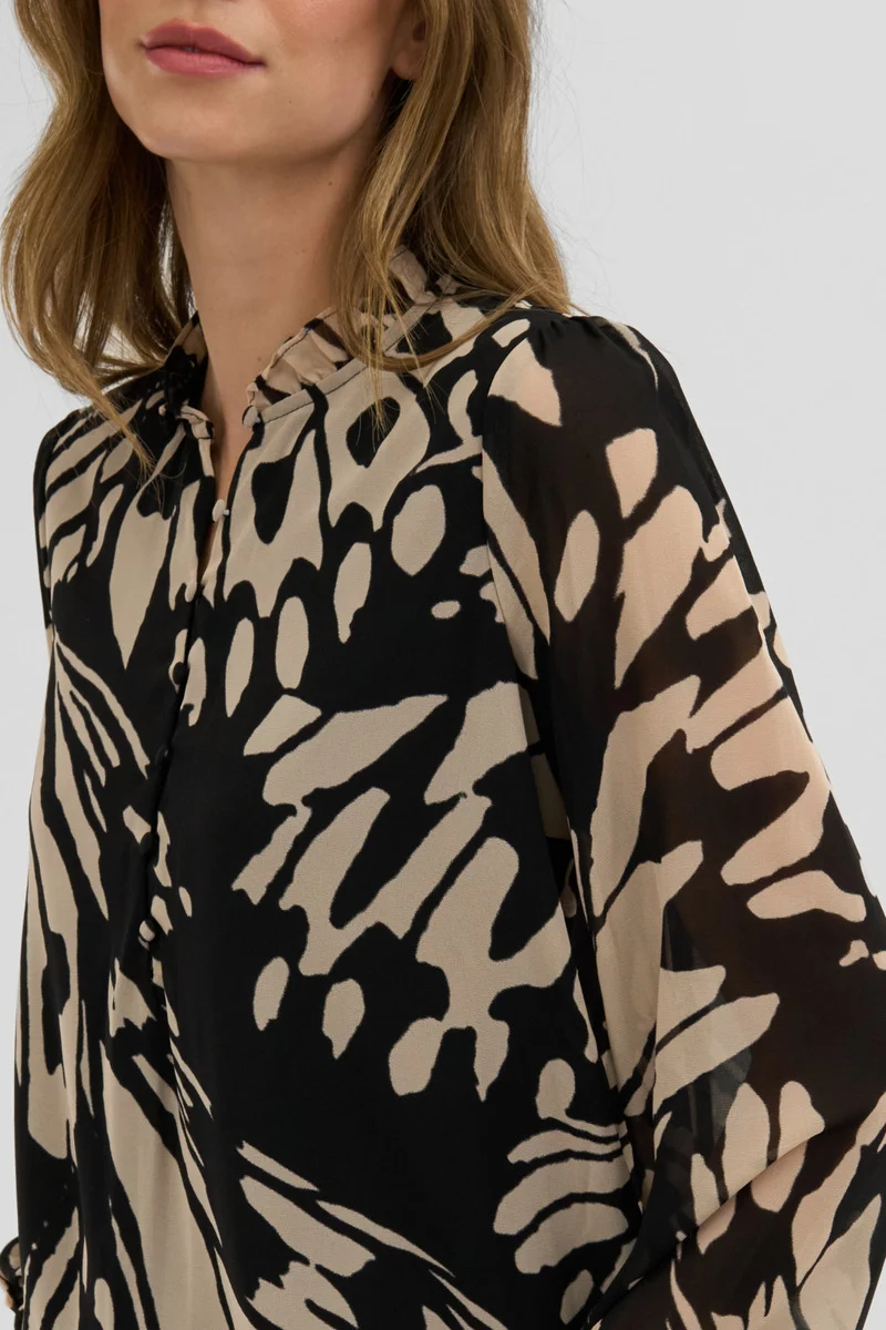 Patterned Sheer Sleeve Blouse - Black - Image 4