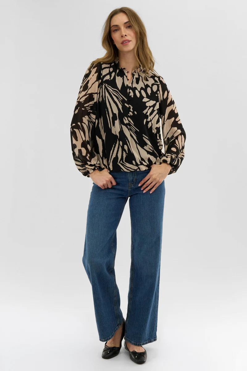 Patterned Sheer Sleeve Blouse - Black - Image 5