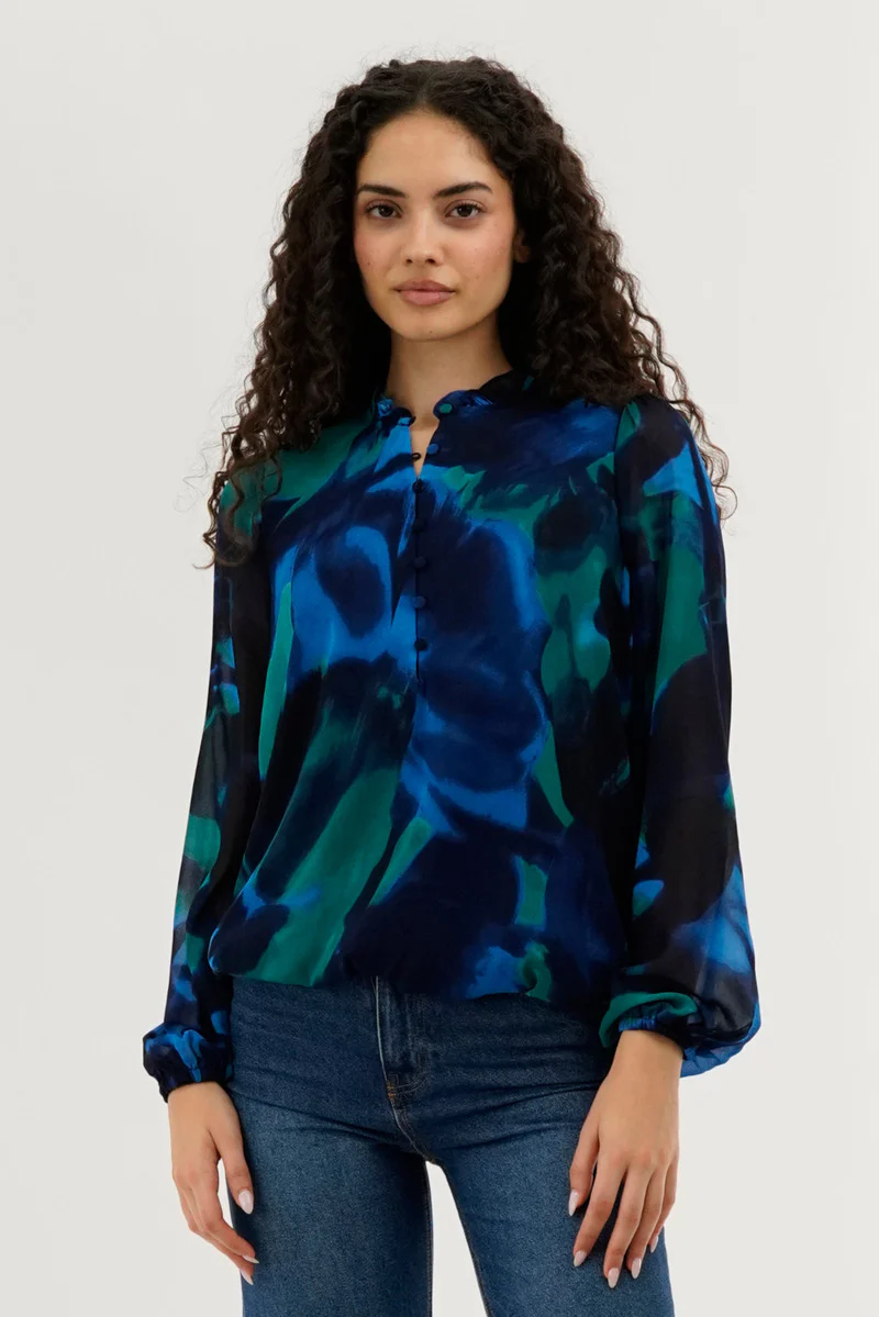 Patterned Sheer Sleeve Blouse - Navy