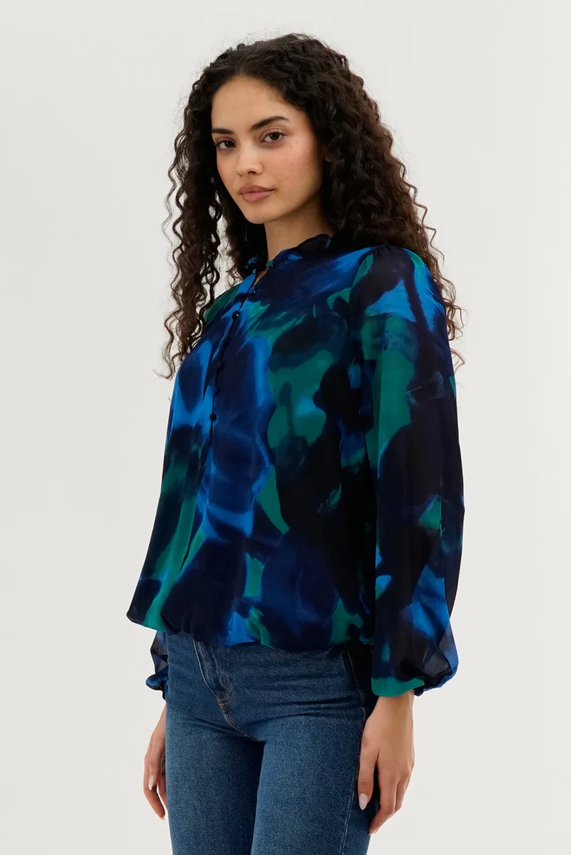 Patterned Sheer Sleeve Blouse - Navy - Image 2