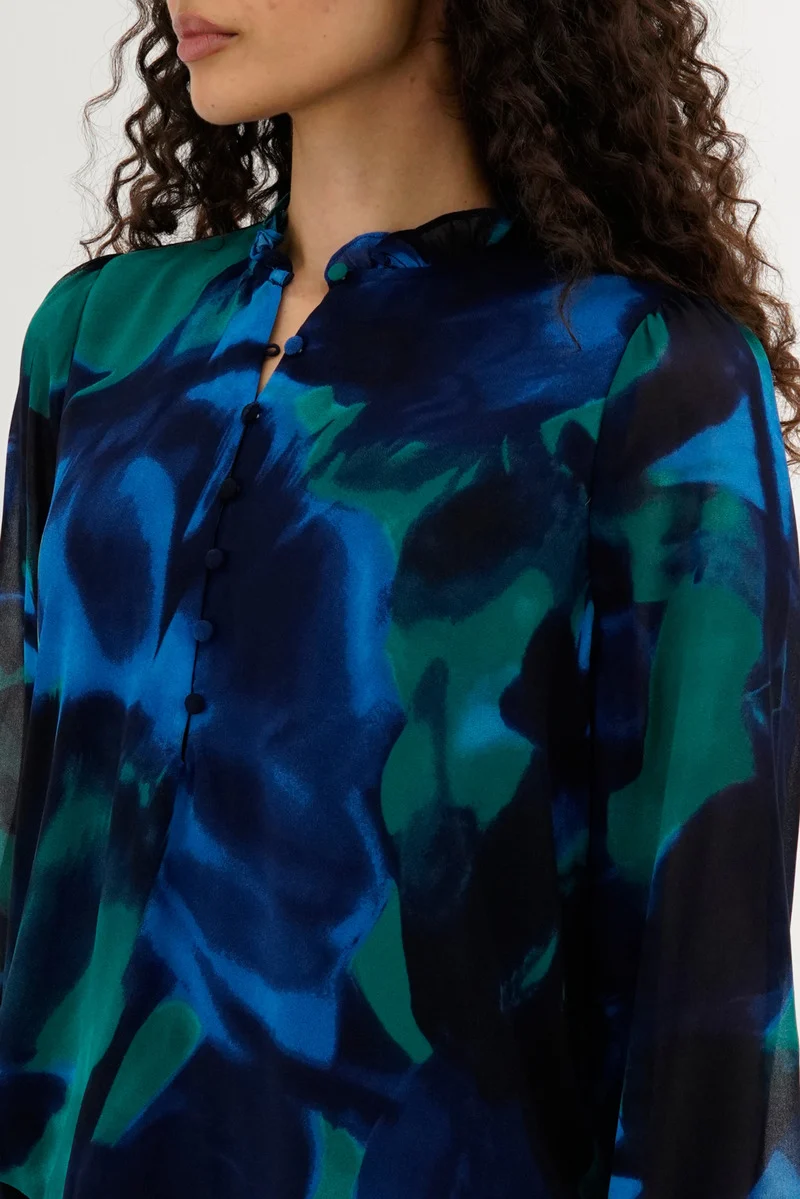 Patterned Sheer Sleeve Blouse - Navy - Image 4