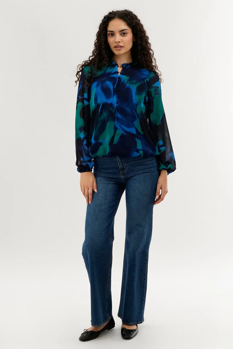 Patterned Sheer Sleeve Blouse - Navy - Image 5