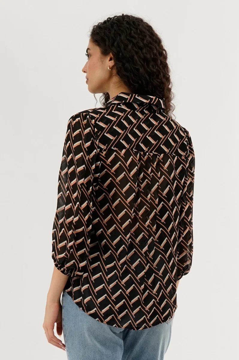 Patterned Sheer Button Down Blouse - Black - Image 3