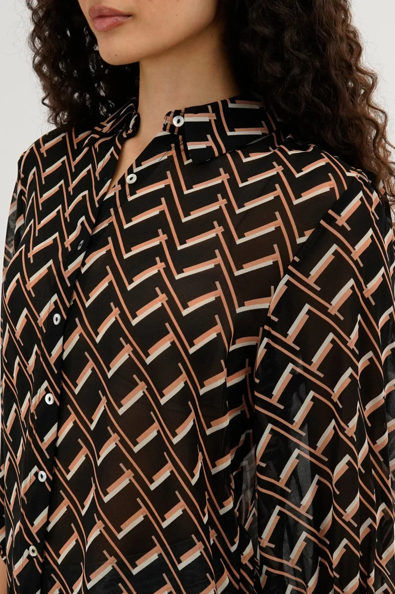 Patterned Sheer Button Down Blouse - Black - Image 4