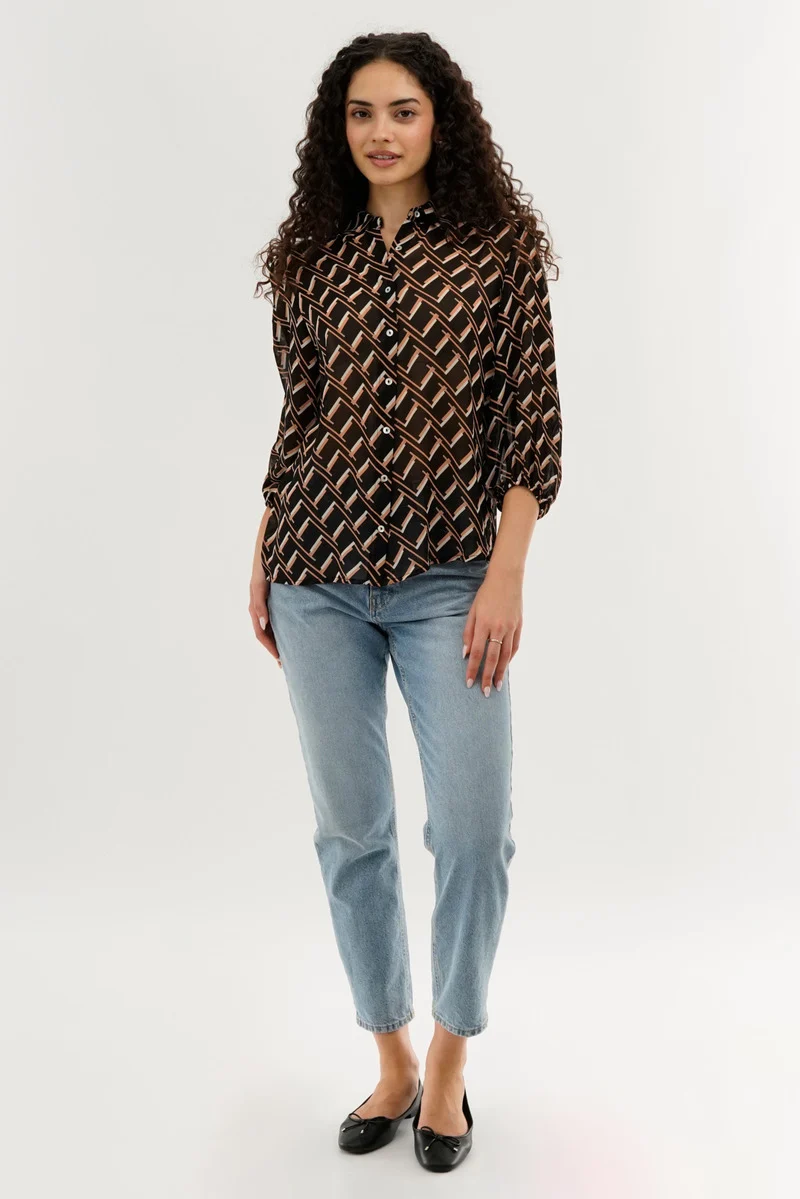 Patterned Sheer Button Down Blouse - Black - Image 5