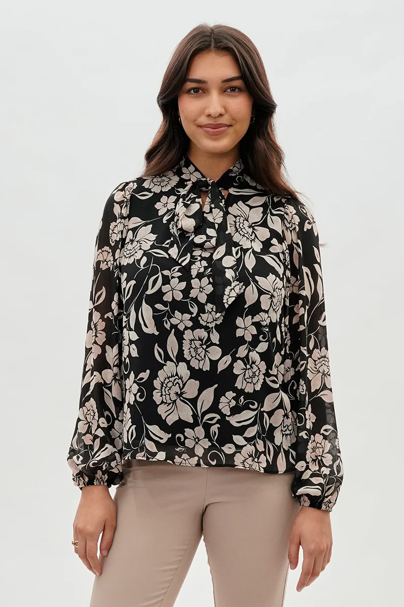Floral Tie-Neck Chiffon Blouse - Black