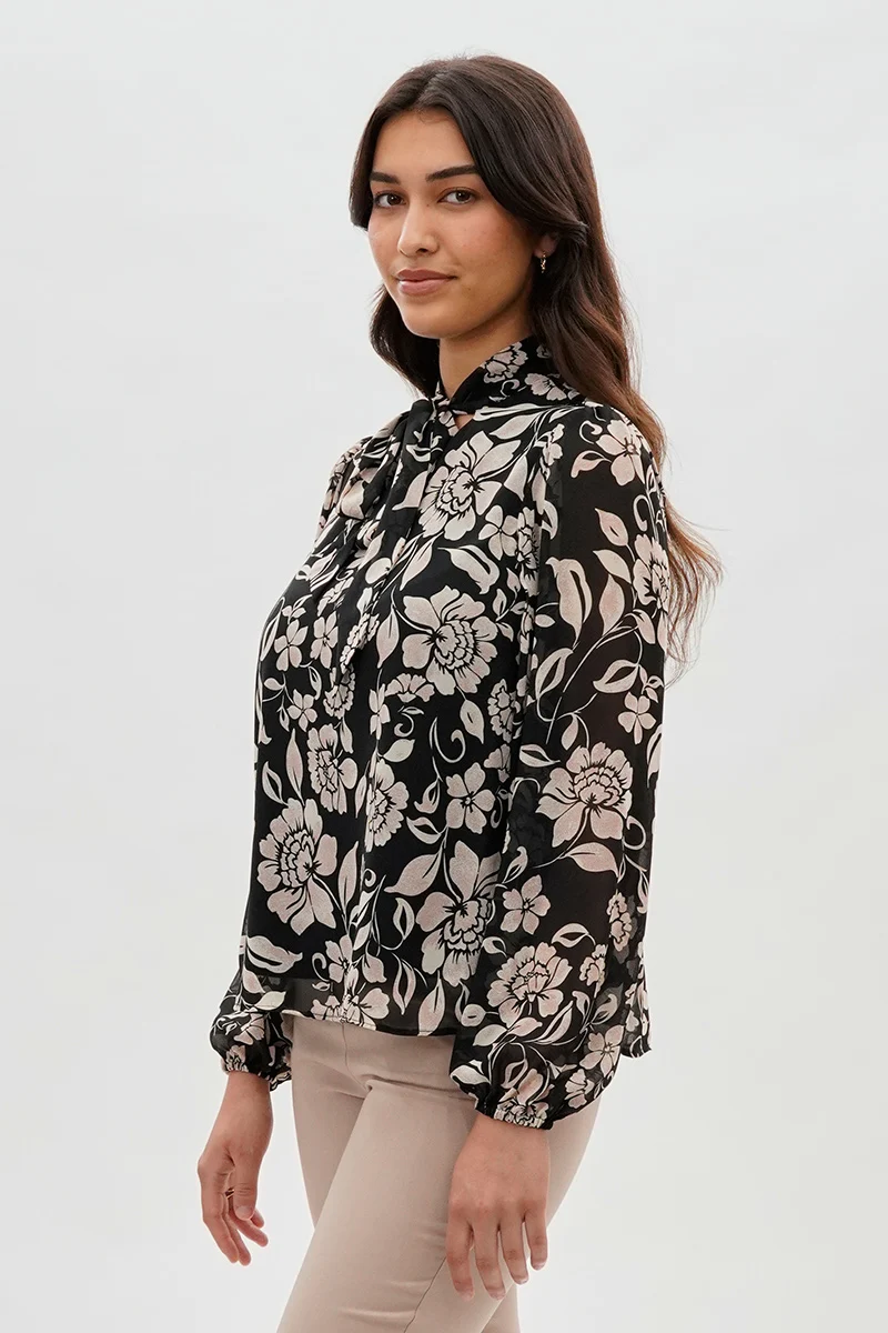 Floral Tie-Neck Chiffon Blouse - Black - Image 2