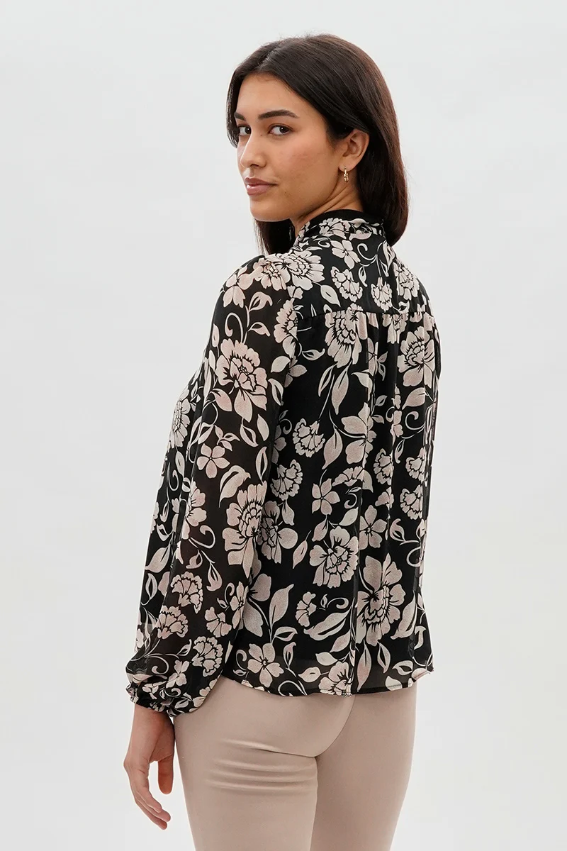 Floral Tie-Neck Chiffon Blouse - Black - Image 3