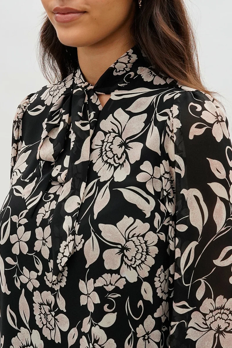 Floral Tie-Neck Chiffon Blouse - Black - Image 4