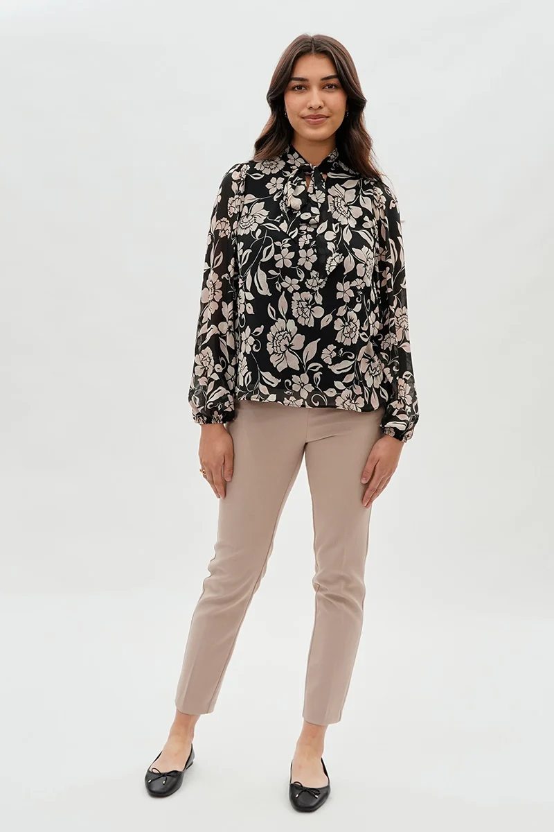 Floral Tie-Neck Chiffon Blouse - Black - Image 5