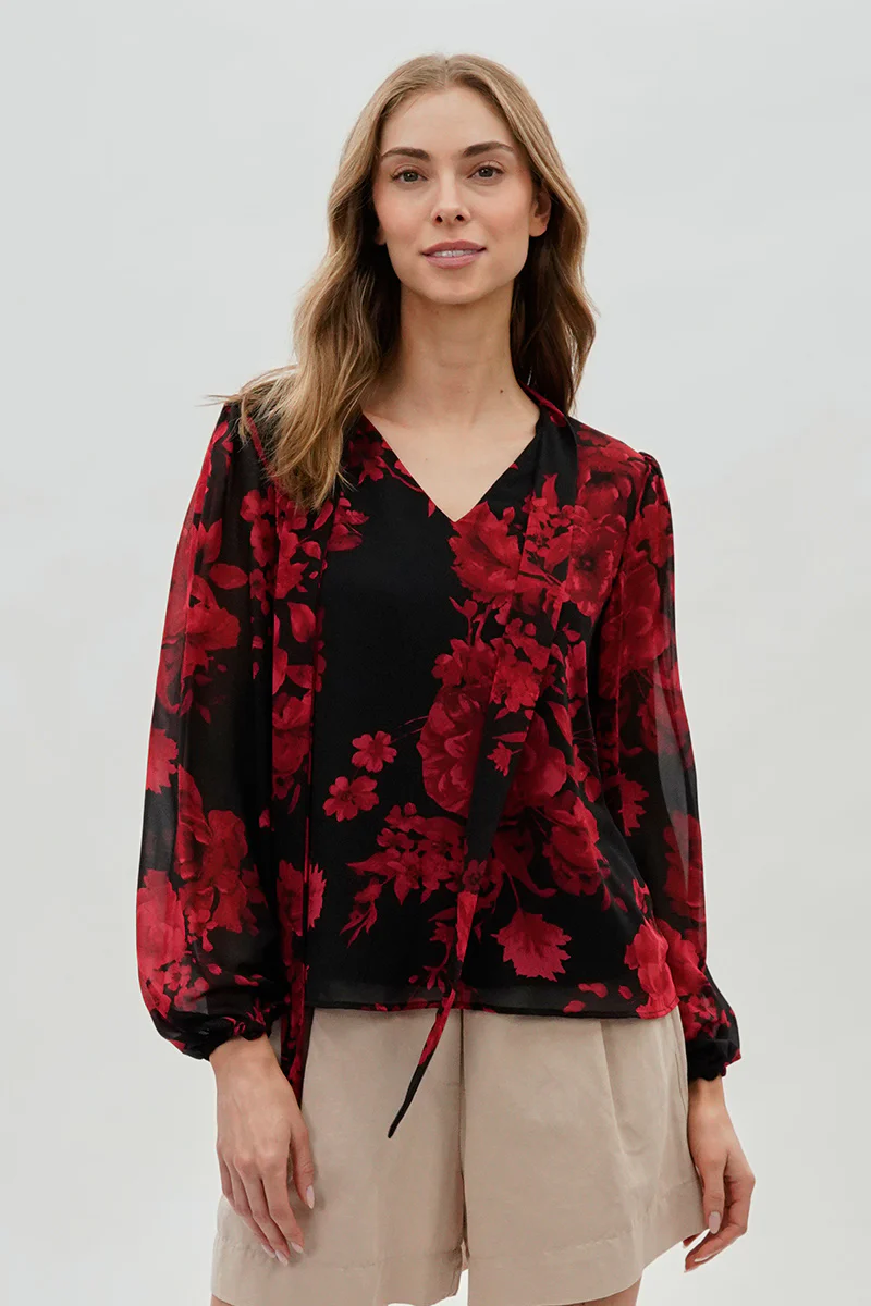 Floral Tie-Neck Chiffon Blouse - Black