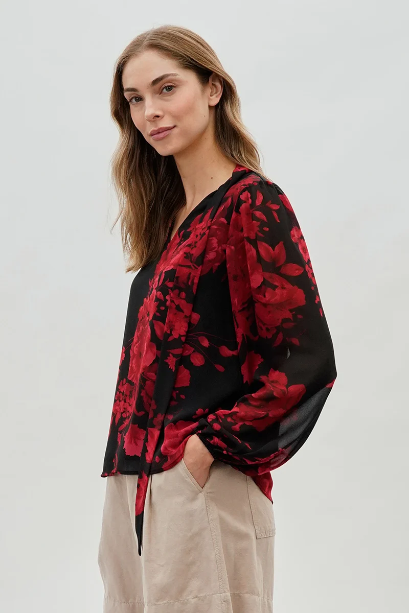 Floral Tie-Neck Chiffon Blouse - Black - Image 2