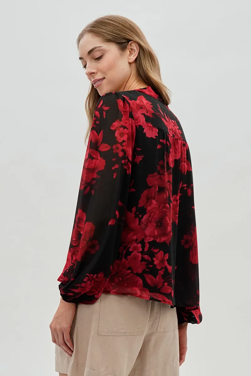 Floral Tie-Neck Chiffon Blouse - Black - Image 3