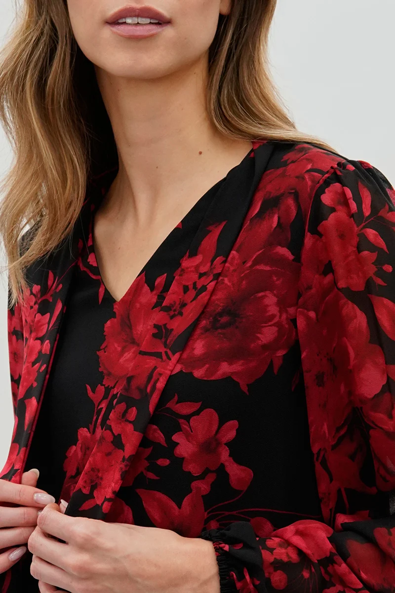 Floral Tie-Neck Chiffon Blouse - Black - Image 4