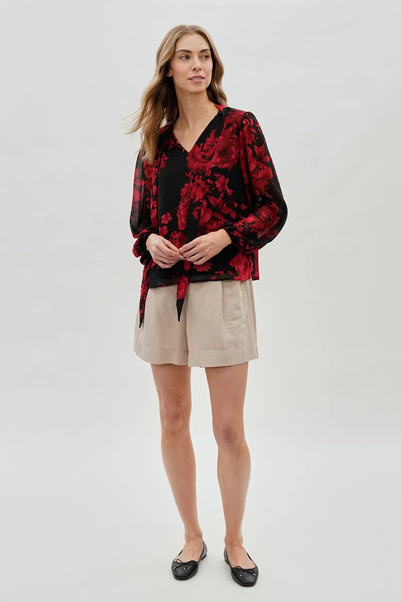 Floral Tie-Neck Chiffon Blouse - Black - Image 5