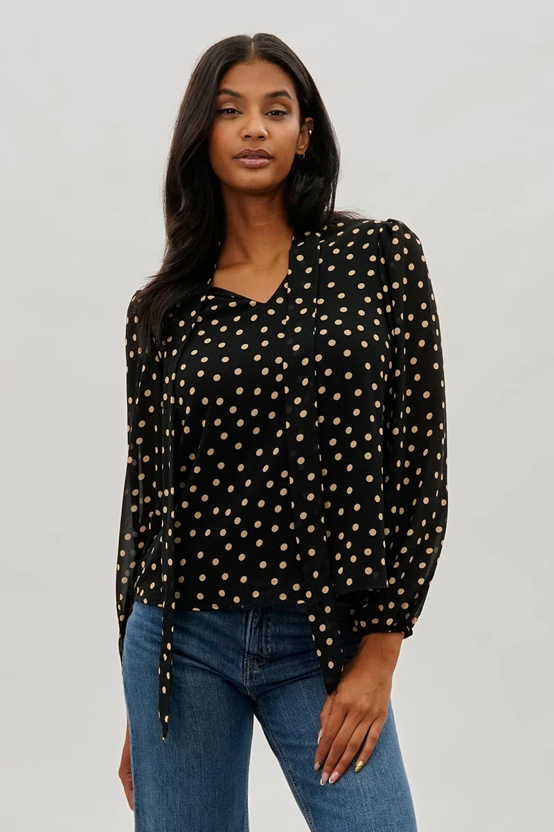 Dotted Tie-Neck Long Sleeve Blouse - Black