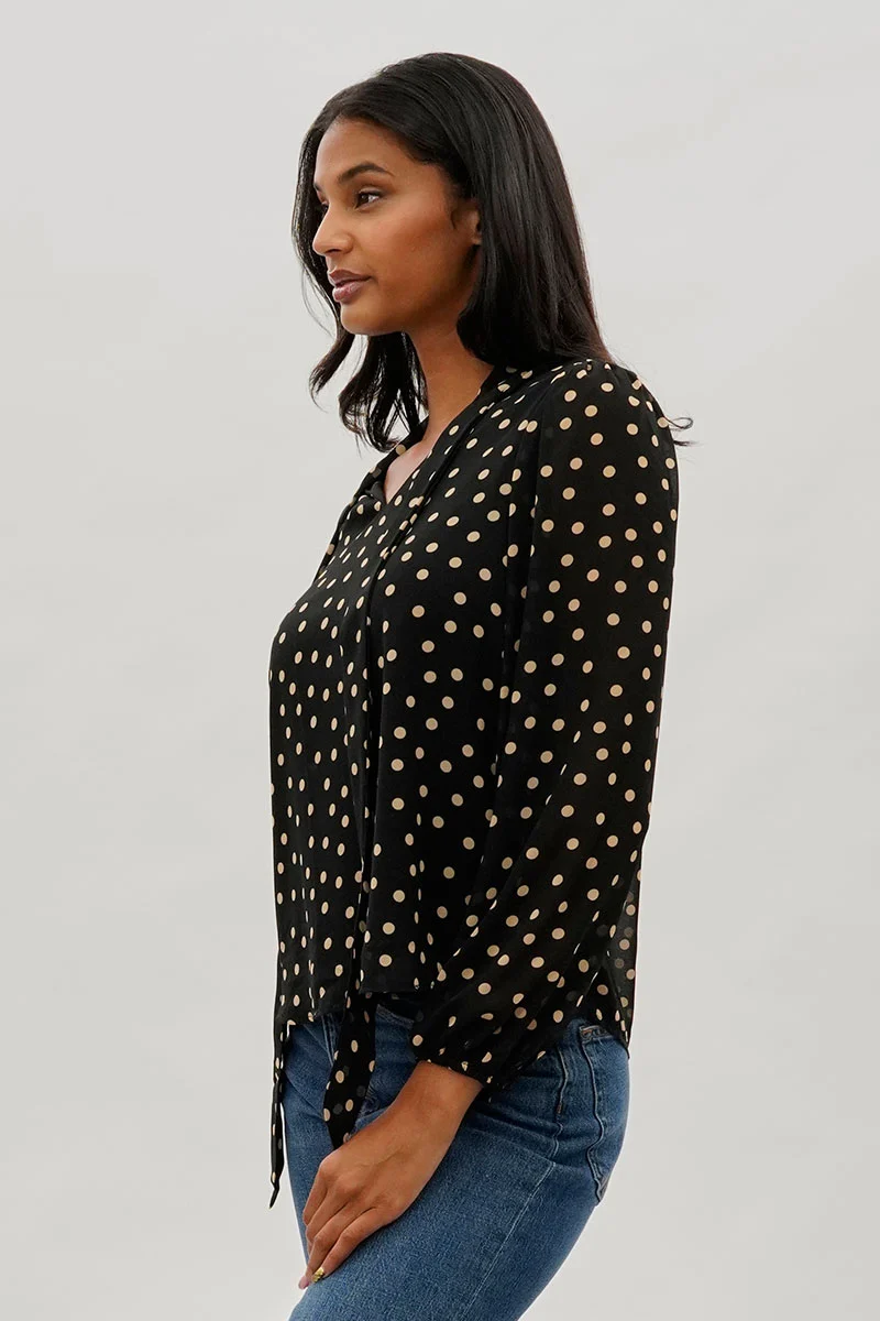 Dotted Tie-Neck Long Sleeve Blouse - Black - Image 2