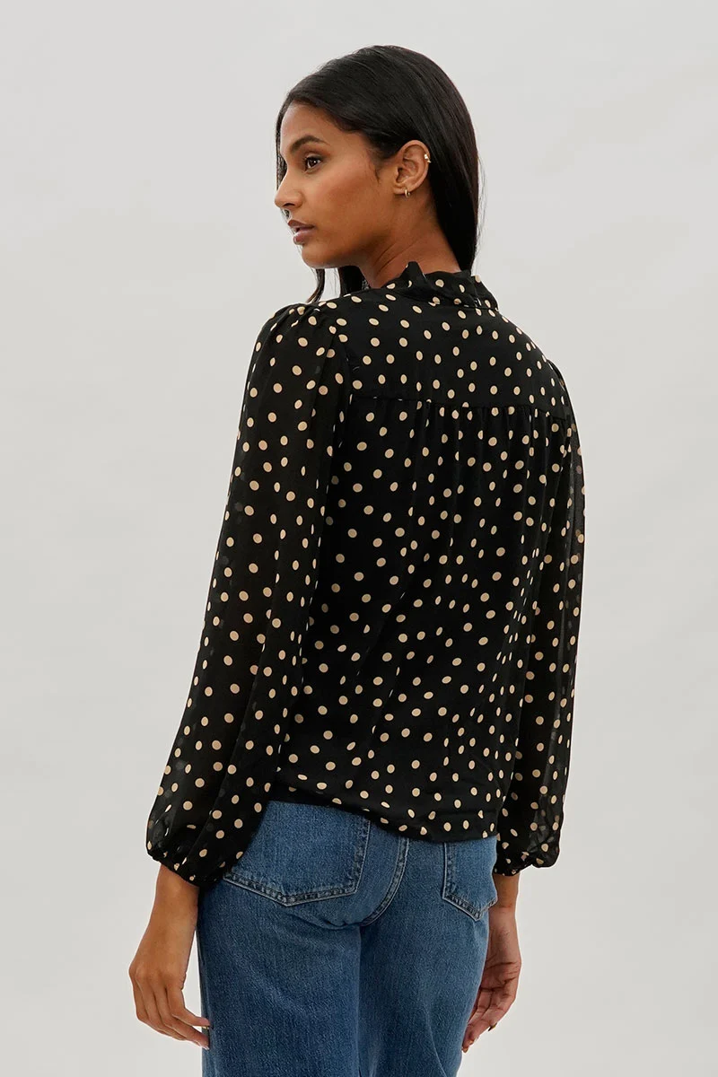 Dotted Tie-Neck Long Sleeve Blouse - Black - Image 3